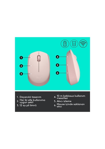 Logıtech 910-006865, M171 Rose, Usb Nano 2,4g Kablosuz, 1000dpi, Optik, 3 Tuşlu, 12ay Pil Ömrü, Mouse
