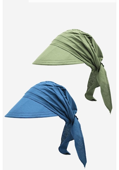 Külah Kadın Bağlamalı Siperli Eşarp Bandana Plaj Şapkası 2li Paket Haki/mavi - Haki