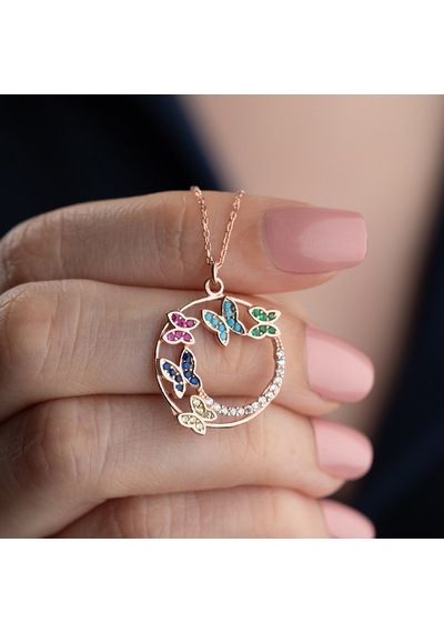 Vaoov 925 Ayar Gümüş Renkli Taşlı Rose Kelebek Kolye Rose