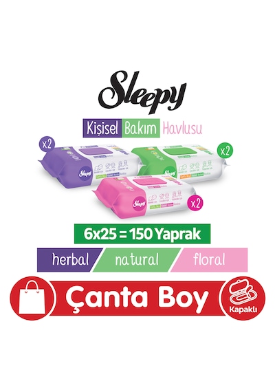 Sleepy Natural + Floral + Herbal Kişisel Bakım Havlusu Çanta Boy 6x25 150 Yaprak 6 Paket