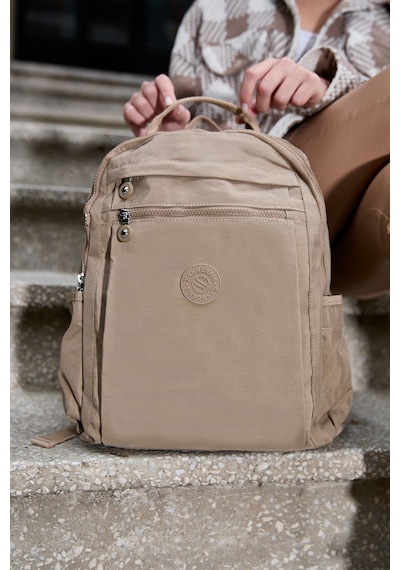 Sanmorris Unisex Suya Dayanıklı Krinkıl Kumaş Çok Gözlü Bej Laptop Okul Ve Sırt Çantası Bej