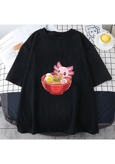 Startmore Beyaz Pembe Axolotl Harajuku Kawaii/sevimli Bahar Ve Yaz Kısa Siyah