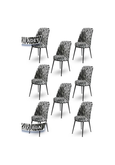 Canisa Dexa Serisi, Üst Kalite Mutfak Sandalyesi, Metal Siyah Iskeletli, 8 Adet Zebra Desen Sandalye Zebra Desen Sandalye