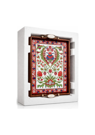 Tr Geleneksel Kütahya Çini Desenli Ahşap Servis Tepsisi Çiçekli, El Yapımı Seramik Yüzey, 42x27 Cm, Dekoratif Su Diğer
