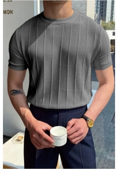 Erkek Slim Dar Bisiklet Yaka Düz Triko T-shirt Füme