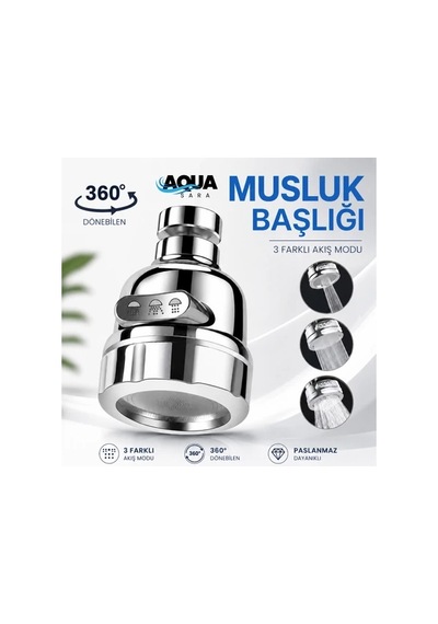 Aqua Sara 3 Fonksiyonlu Mutfak Lavabo Musluk Başlığı 360 Derece Döner Musluk Ucu Tasarruflu Krom