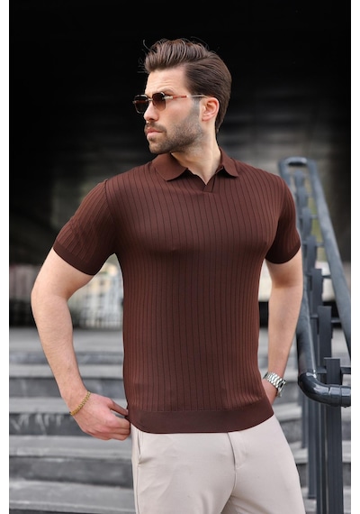 Madmext Kahverengi Polo Yaka Triko Erkek Tişört E7461 Kahverengi