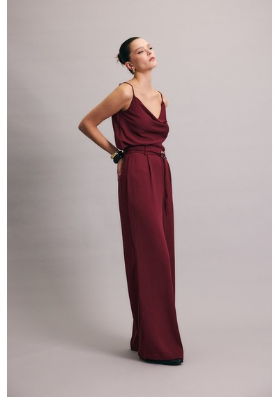 Sateen Kemerli Salaş Pantolon - Mürdüm-136697 Mürdüm
