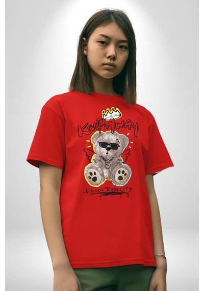 Gerçeklikten Uzak Tutun Pamuklu Bisiklet Yaka Unisex Oversize Boyfriend Dijital Baskılı Kırmızı T-shirt Kırmızı