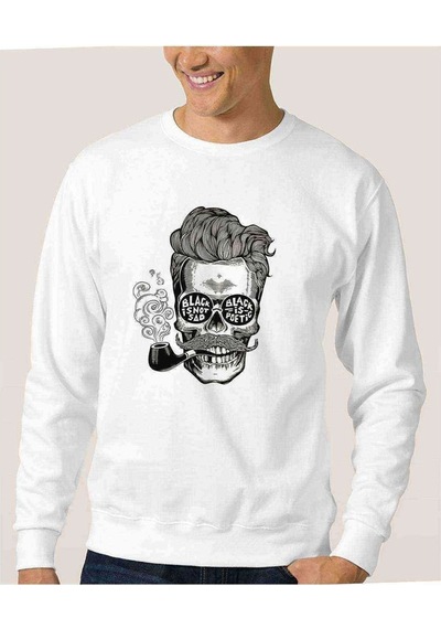 Pipolu Kurukafa Black Baskılı Beyaz Erkek Örme Sweatshirt