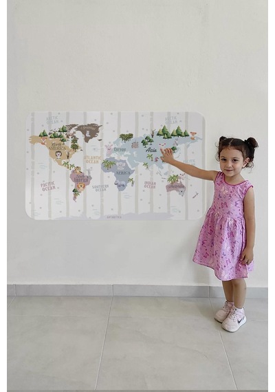 Eğitici Dünya Haritası Dünya Atlası Çocuk Ve Bebek Odası Duvar Sticker -60x105-3825 Renkli