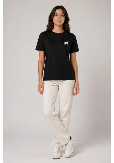 Defymoda Minimal Geyik Logolu Tişört Bisiklet Yaka Kısa Kol Yazlık T-shirt - Siyah