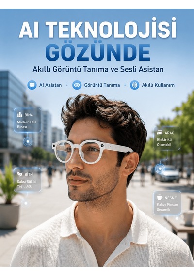 Beyaz 3 Lensli Akıllı Kamera Gözlüğü Yapay Zeka Sesli Asistan Gör