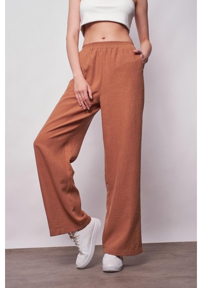 JUMENT Keten Yüksek Bel Beli Lastikli Yan Cepli Bol Paça Pantolon -camel