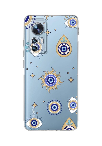 Xiaomi Mi 12 İle Uyumlu 1mm Slim Fit Nazar Boncuğu 5 Baskılı Şeffaf Kılıf Şeffaf