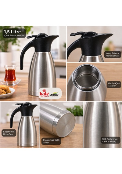 Kale Master 1,5 L Çelik Sürahi Termos Paslanmaz Çelik Vakumlu Termos, Sıcak Soğuk İçecek Servis Termosu, Çay Kahve Termosu-491 Gümüş