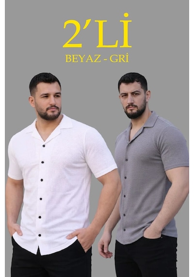 Assema Erkek Waffle Dokuma Açık Yakalı Düğmeli Regular Kalıp 2 Li Gömlek Seti - Beyaz & Gri Çok Renkli