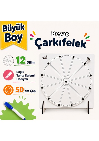 Büyük Boy 12 Dilim Beyaz Çarkıfelek Oyunu Ahşap Eğitim Materyali