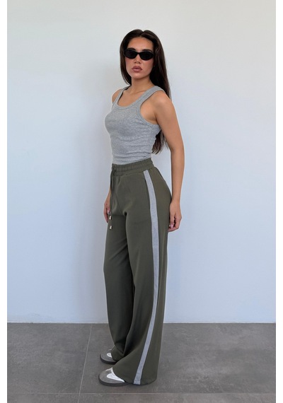 Madmext Haki Şerit Detaylı Bol Paça Kadın Pantolon Mg2441 Haki
