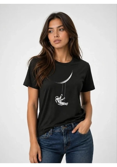 Defymoda Astronot Ay Temalı Tişört Kısa Kol Yazlık Bisiklet Yaka T-shirt - Siyah