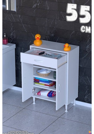 Emir 55 Cm Çok Amaçlı 1 Çekmeceli 1 Kapaklı 3 Raflı 4 Bölmeli Dolap Beyaz