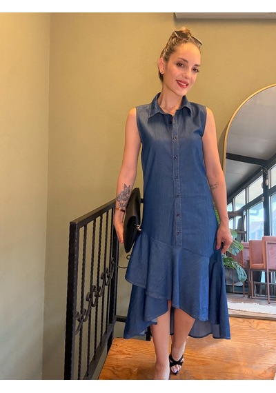 Ali Butik Koyu Mavi Düğmeli Elbise