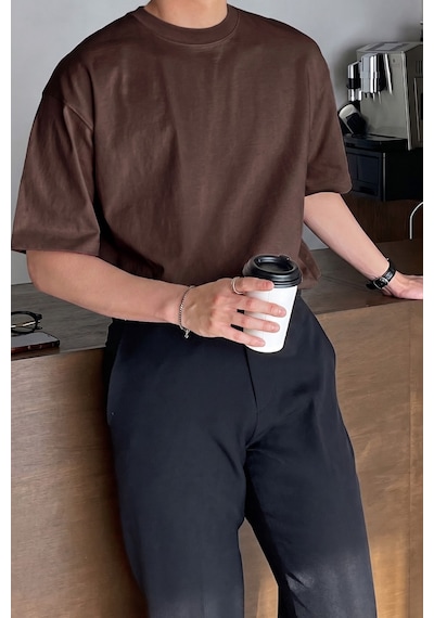 Genius Store Erkek Oversize Tişört Pamuk Kumaş Bisiklet Yaka Rahat Kalıp T-shirt Kahverengi