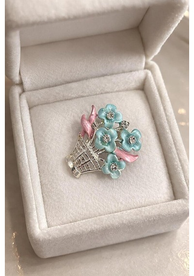 Gümüş Rengi Pembe Mavi Çiçekli Bijuteri Broş Gümüş - Altın