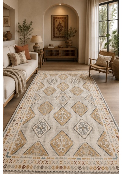 Kilim Desenli Etnik Geometrik Saçaklı Halı Krem Bej 3048