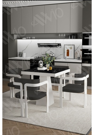 Avvio Dora Lake Mdf Ayak Tokyo Demonte Sandalye 80x80 Yemek Masası Mutfak Masası 4 Kişilik Siyah Mermer