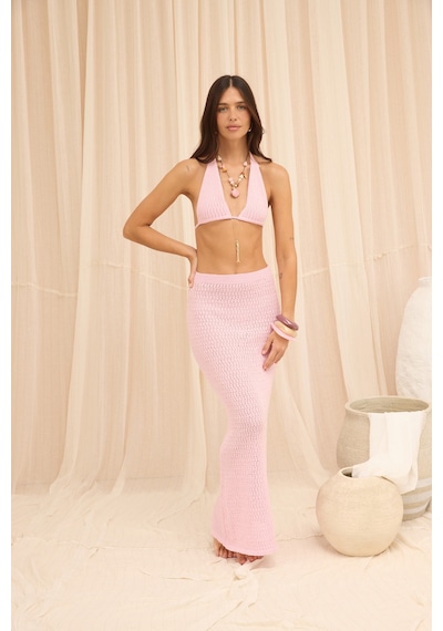 Mai Collection Pangestu Üçgen Pembe Crop Etek Triko Takım