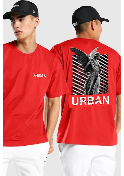 Şehir Sokak Stili Melek Heykeli Kırmızı Oversize Unisex Ön Ve Sırt Baskılı Tişört Kırmızı