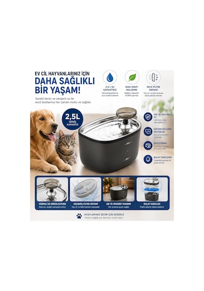 Tpd01 Kedi Köpek Su Pınarı Otomatik Filtreli Ultra Sessiz Su Çeşmesi Evcil Hayvanlar İçin Su Kabı