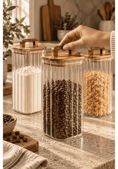 Atbyhome 3'lü Kulplu Akasya Ahşap Kapaklı Çizgili Cam Kavanoz Seti 1850 Ml - Vakumlu Kare Spagetti Erzak Kabı
