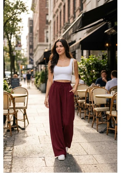 Bordo Bol Paça Rahat Pantolon Siyah