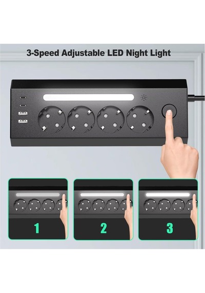 Led Işıklı Çoklu Priz Şarj İstasyonu, 2 Adet Usb, 2 Adet Type-c Girişi, 4 Adet Priz Girişi, Hızlı Telefon Şar 0