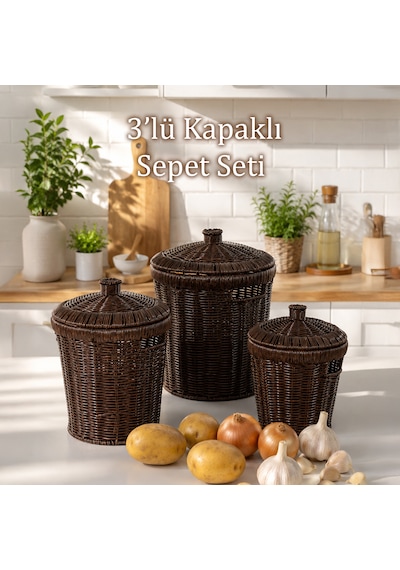 Porsima Pbt-439-1 3lü Hasır Sepet Kapaklı Bambu Sepet Seti Dekoratif Banyo Mutfak Düzenleyici Organizeri Kahverengi