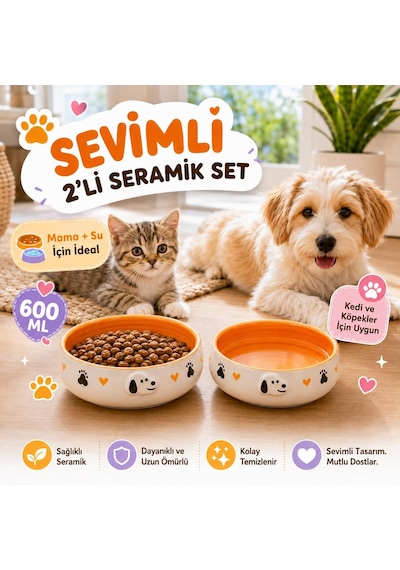 2'li El Yapımı Seramik Kedi Köpek Mama Ve Su Kabı Seti, 350 Ml Kabartma Desenli Stoneware, Bpa İçermez Gıda Güvenli, Kaymaz Tabanlı, Kedi Köpek Mama Kabı Takımı Turuncu
