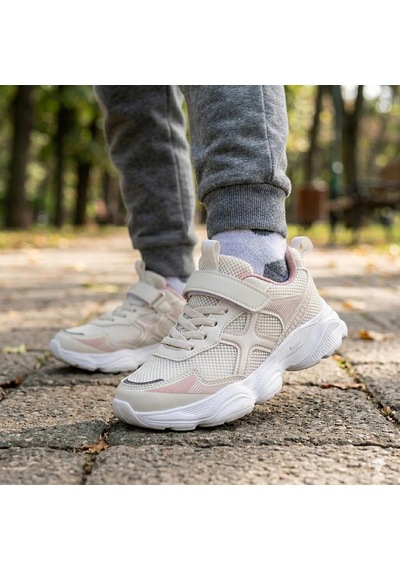 Çocuk Günlük Yumuşak Rahat Taban Cırt Bantlı Spor Ayakkabı Sneaker Ekru Pudra