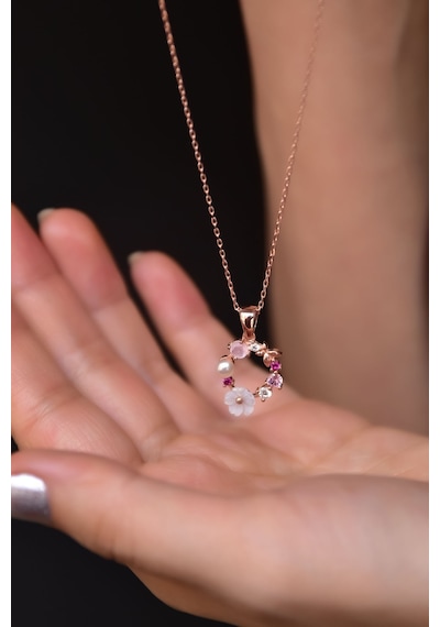 Papatya Silver 925 Ayar Gümüş Rose Kaplama Incili Kelebek Sedef Manolya Çiçek Kolye