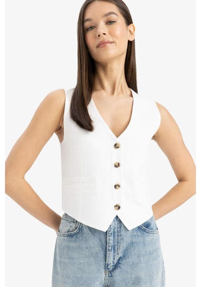 DeFacto V Yaka Keten Karışımlı Beyaz Blazer Yelek E9757AX25SPWT32 Beyaz