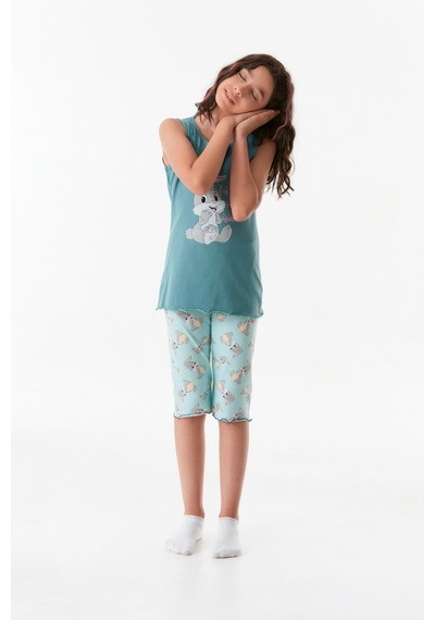 Fullamoda Tavşan Baskılı Kız Çocuk Pijama Takımı 24mıcg631212235-mavi 24MICG631212235-Mavi