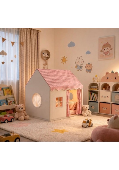 Pembe Pötikareli&kareli Lüks Çocuk Oyun Çadırı - Büyük Boy Ev Tipi İç Ve Dış Mekan Oyun Evi 130x120x100 Cm