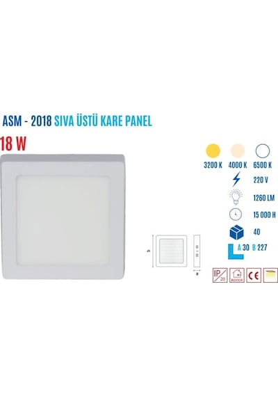 Ycl   Asm-2018B 18W Sıvaüstü Kare Beyaz Led Panel