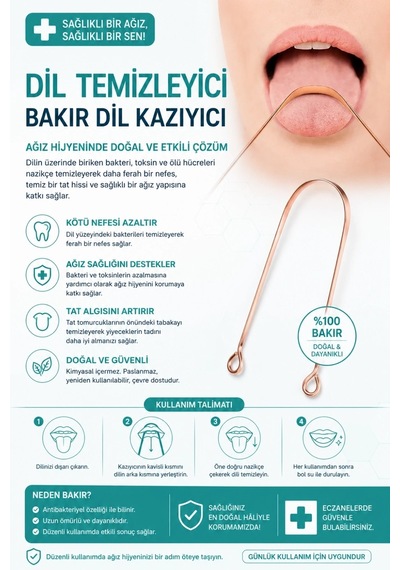 Bakır Dil Temizleme Atı - Dil Temizleyici - Ağız Bakım Atı - Dil Kazıyıcı - Metal Dil Temizleme Ekipmanı
