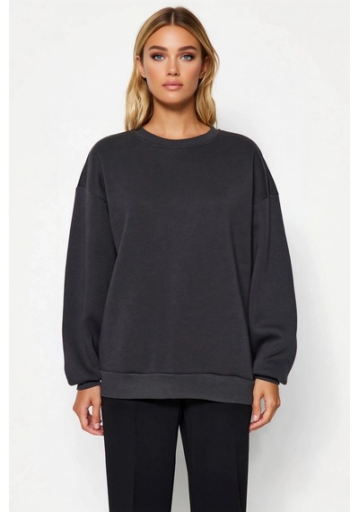 Benerly Kadın Bisiklet Yaka Düşük Kol Oversize Kalın Örme Sweatshirt Fonk Antrasit