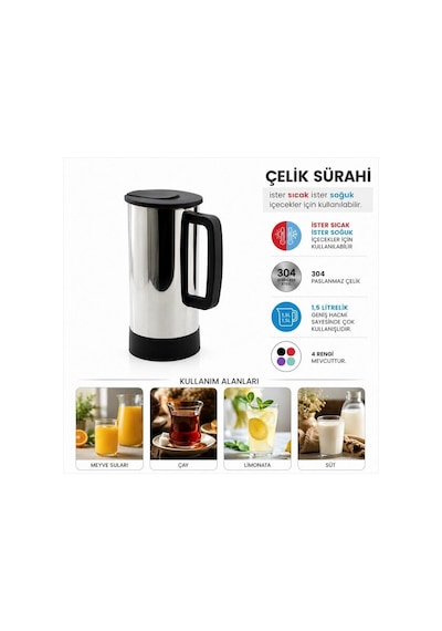1,5 Litre 304 Paslanmaz Çelik Sürahi Sıcak Soğuk İçecek Sürahisi Çelik Termal Sürahi Çok Renkli