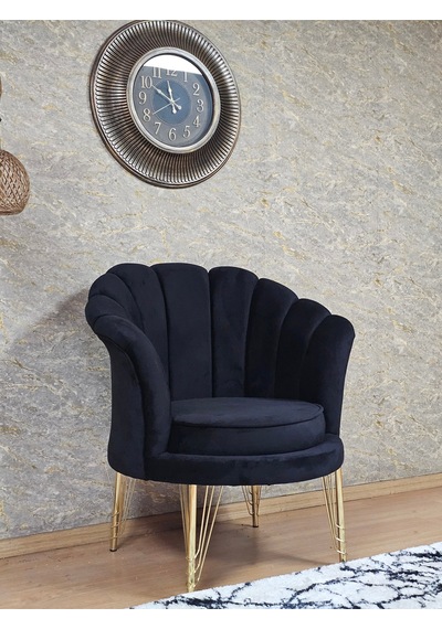 Zafir Tekli İstiridye Gold Kaplama Telli Ayak Çay Seti Koltuk Tekli Berjer , Balkon, Salon, Ofis Siyah