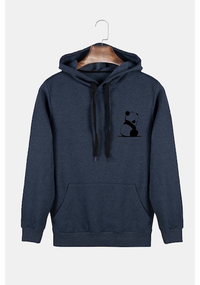 Unisex İndigo Kapüşonlu Panda Baskılı Slim Fit Kanguru Cepli Sweatshirt Indigo