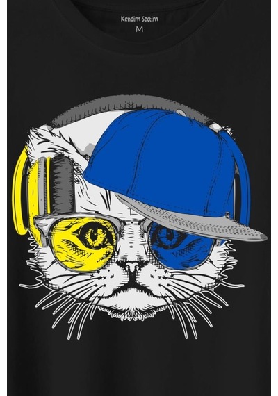 Cat Glasses Gözlüklü Sarı Lacivert Kedi Baskılı Tişört Unisex T-shirt 001